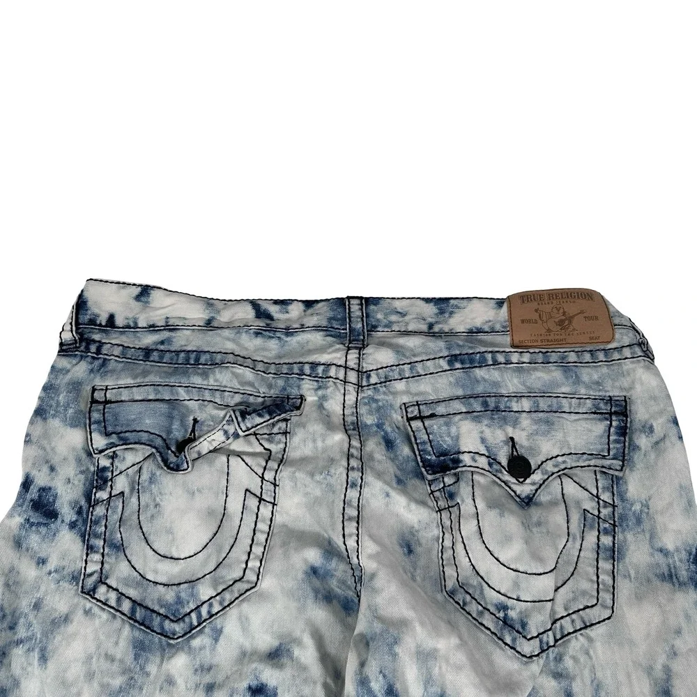 True Religion Straight Flap Acid Wash Jeans Blue White Mens‎ 44 Contrast Stitch